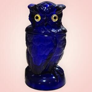 Vintage Mosser Cobalt Blue Glass Toby The Owl Covered Dish Candy Jar 6.5" Tall